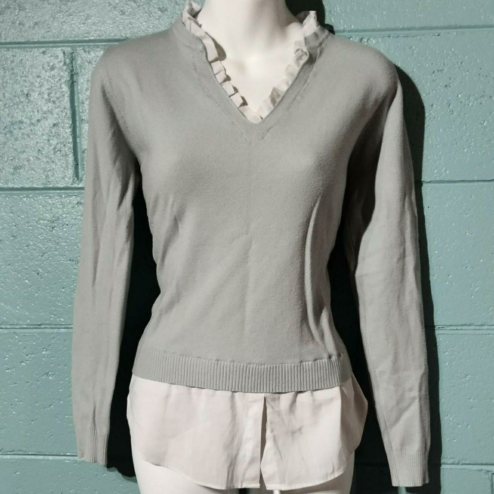 Vila Milano Gray V-neck Sweater With Ruffle Trim and Dress Shirt Layering